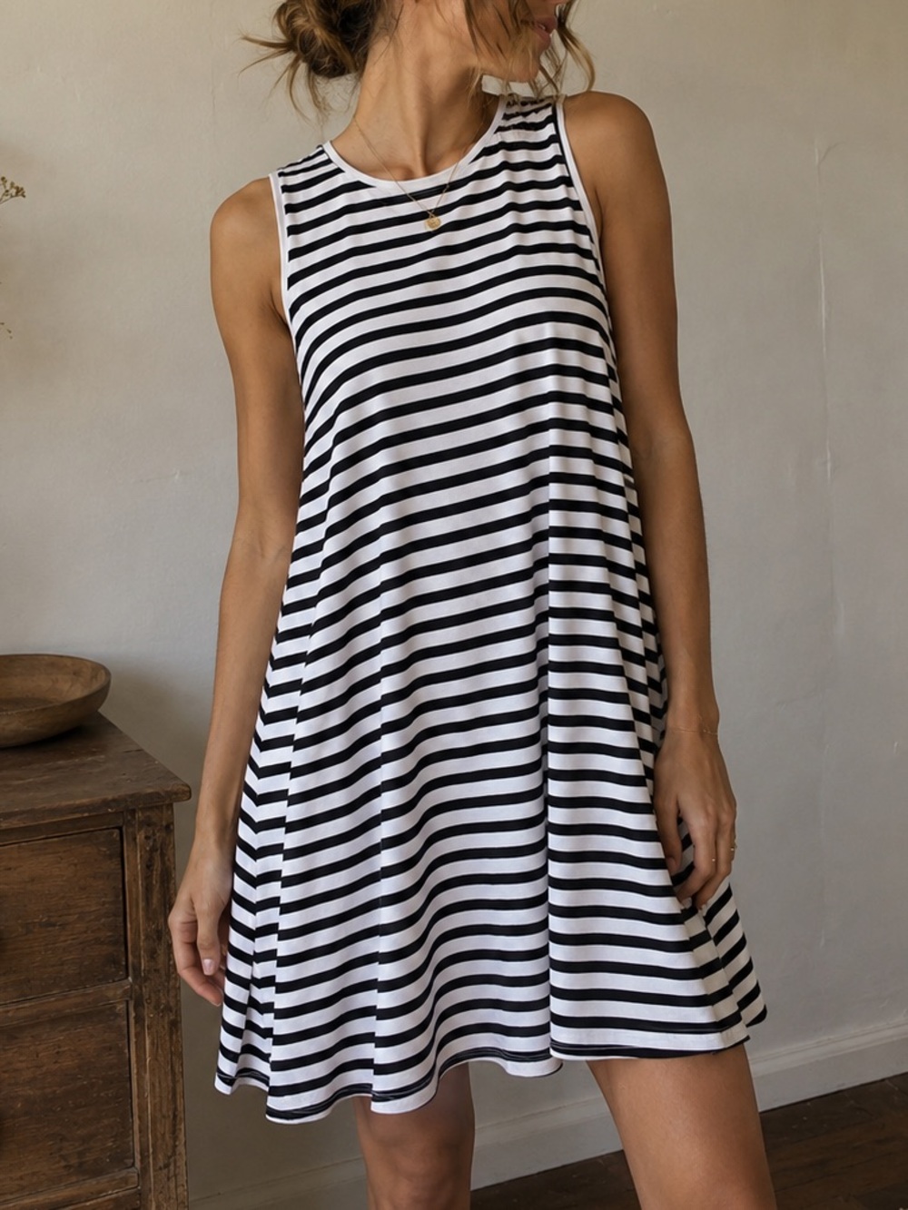 Sonnet James A Play Dress Black White Striped Sleeveless Swing‎ Dress Small New